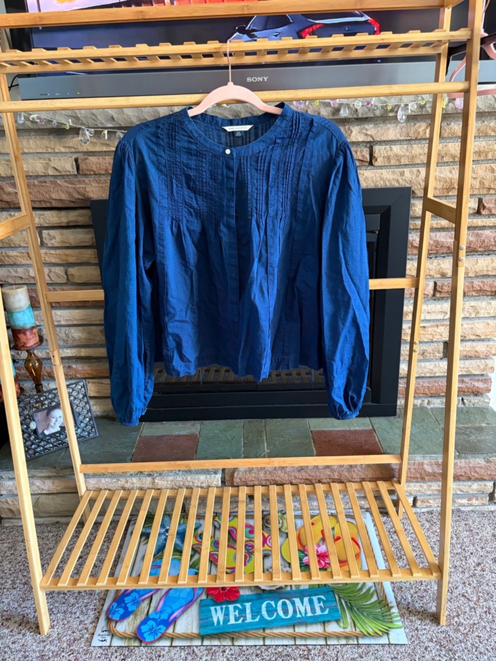 American Eagle Navy Button-Front Pintuck Top